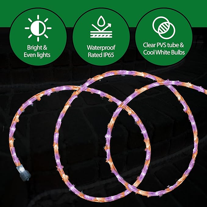 Tupkee LED Rope Light Orange & Purple - 24 Feet (7.3 m), for Indoor and Outdoor use - 10MM Diameter - 144 LED Long Life Bulbs Halloween Decorative Rope Tube Lights
