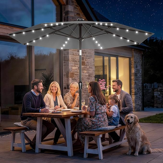 AreShark 9FT Patio Umbrella with Solar Lights, 32 Lighted Pool Umbrella w/Tilt and Crank, Outdoor Market Solar Umbrellas for Garden, Deck, Backyard, Pool and Beach, Gray