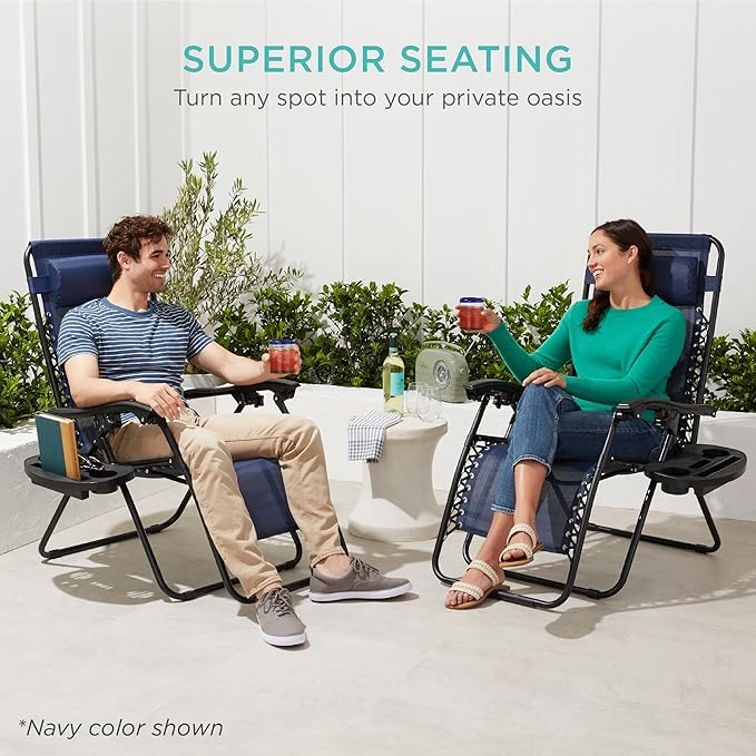 Best Choice Products Set of 2 Adjustable Steel Mesh Zero Gravity Lounge Chair Recliners w/Pillows and Cup Holder Trays - Marigold Striped