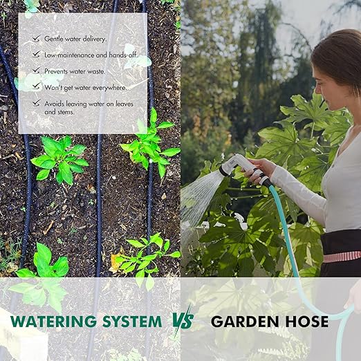 1/2 Inch x 50ft Soaker Hose Kit with 25ft PVC Garden Hose, Drip Irrigation Watering System with Reinforced Fittings, for Outdoor Garden, Yard, Lawn, Raised Flower Bed & Plants
