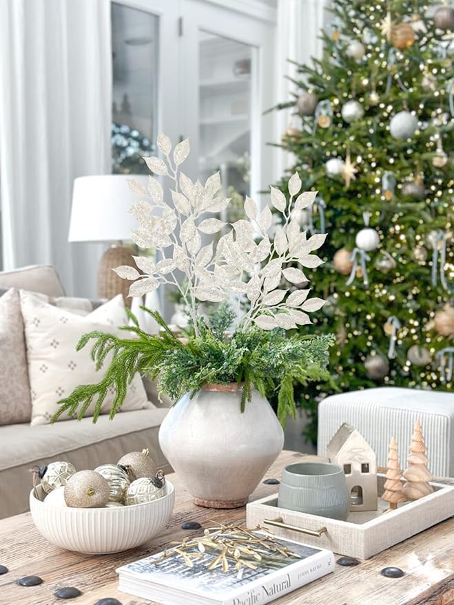 25.6" Christmas Glitter Leaves Stems, 5Pcs Artificial White Leaf Spray Leaf Picks Tall for Christmas Tree DIY Xmas Wreath Garland Arrangment Vase Bouquets Table Centerpieces Decoration Home Decor