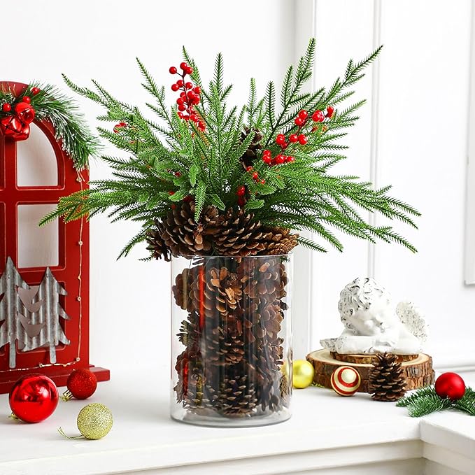Shappy 42 Pcs Christmas Table Centerpieces DIY Farmhouse Christmas Centerpieces for Dining Table 6 Norfolk Pine Branches 30 Pine Cones 5 Red Berry Stems 1 Glass Vase for Kitchen Tabletop Decorations
