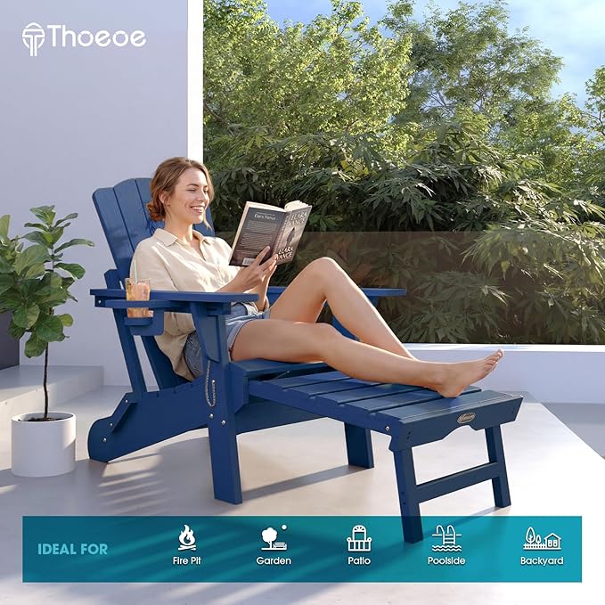 THOEOE Folding Adjustable Adirondack Chairs with Ottoman & 1 Cup Holders Set of 2, HDEP Multifunctional Adirondack Chair with Footrest,Navy Blue