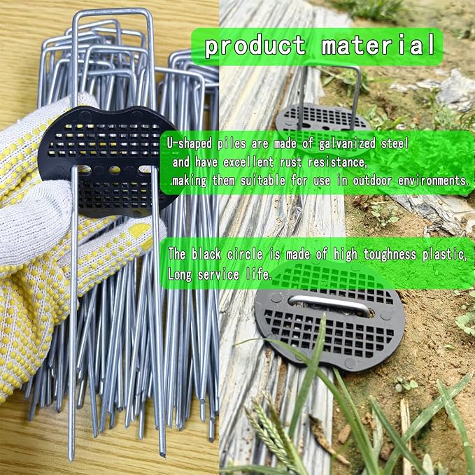 200Pcs Landscape Staples with 200 Gasket with 1Pick Hook, 6 Inch Heavy Duty Garden Stakes 11 Gauge U Shaped Galvanized Lawn Pins for Weed Barrier Fabric