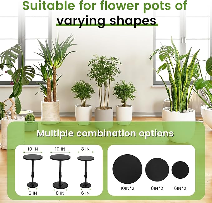 Adjustable Height Plant Risers for Pots Indoor & Outdoor 2 PCS , 12-21" Height, 6/8/10" Base - Iron Rise Plant Fillers Risers for Tall, Square, Round, Tapered Planters