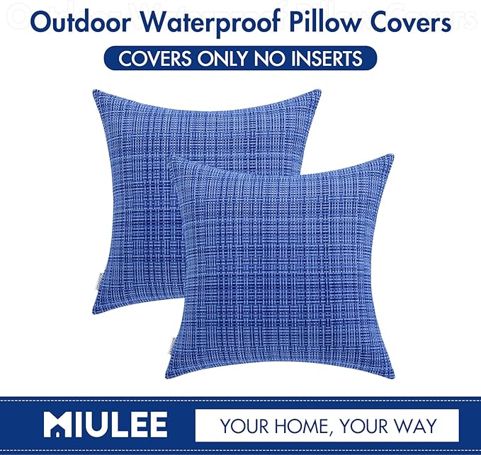 MIULEE Outdoor Waterproof Throw Pillow Covers Decorative Farmhouse Water Resistant Cushion Covers for Tent Patio Garden Couch Sofa Pack of 2, 16x16 Inch Blue