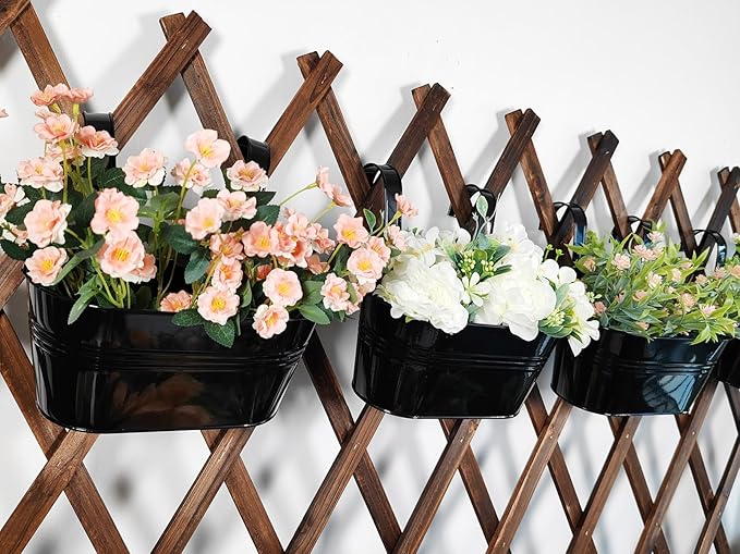 12" Balcony Railing Planters, Outdoor Hanging Planter for Fence, Stylish Metal Porch Deck Flower Pot for Herbs & Succulents (Black, Pack of 6)