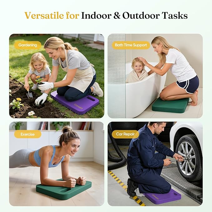 Grenebo 2pcs High-Density NBR Foam Garden Kneeling Pad, 1.6" Extra Thick Gardening Pads for Kneeling, Ultra Soft Kneeling Pads for Gardening, Work, Exercise, Bathing Baby, 17.3×11×1.6 in, Green Purple