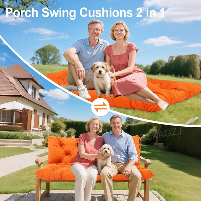 Porch Swing Cushions Outdoor 40x40 inch Waterproof Extra Thick 5" Swing Cushions Replacement with Backrest and Ties for Outdoor Furniture Porch Patio Garden Lawn (Orange)