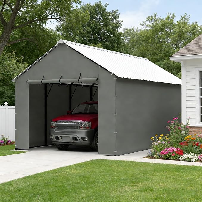 Metal Carport Replacement Sidewall Panel Kit for 12x20 FT, 2 Pack Sidewalls & 2 Pack Zipper Doors,220g PE Tarp, Roll-Up Carport Door Panels, Waterproof UV Resistant, Frame Not Included,Grey
