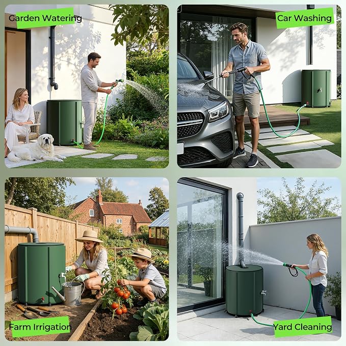 SKM Collapsible Rain Barrel, PVC Rain Water Collection System and Water Tank for Outdoor/Garden/Lawn, Portable Rain Water Collection Barrel Container with Spigots & Overflow Kit, 53Gallon, Green