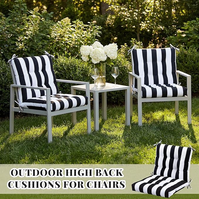 Marsui 4 Pcs Outdoor Indoor High Back Chair Cushions Patio Furniture Tufted Pillow with Ties Water-Resistant Replacement Outdoor Rocking Chair Cushions, 42 x 21 Inches (Black White,Stripe)