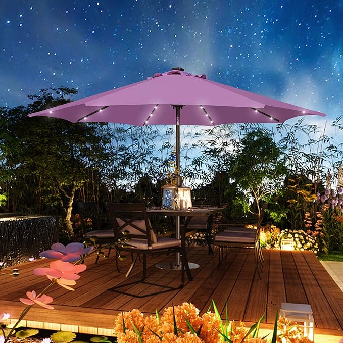 Blissun 9 ft Solar Umbrella, Patio Umbrella with 32 LED Lights, Table Market Umbrella, Outdoor Umbrella for Garden, Deck, Backyard (Lilac)