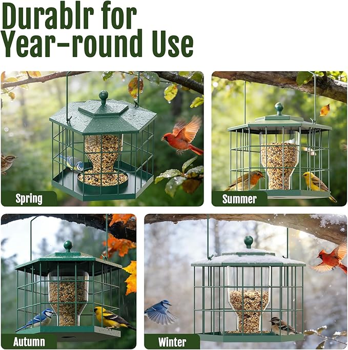 Birdream Squirrel Proof Bird Feeders for Outdoor Hanging, Metal Cage Bird Feeder with Rain Proof Covered for Wildbirds Bluebird Finches, Green