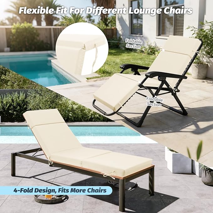 Outdoor Chaise Lounge Cushion 72" x 21" x 3", 4-Section Folding Patio Lounge Chair Cushion with Ties, Waterproof & Fade Resistant Replacement Cushion for Pool, Patio, Deck (Beige, 2 Pcs)