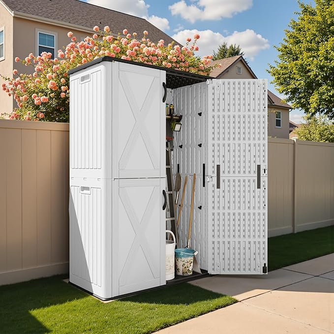 Devoko 50 Cu.ft Outdoor Storage Cabinet - Vertical Resin Storage Shed - Holds Patio Furniture, Pool Toys, Garden Tools (White) Shelf Not Included