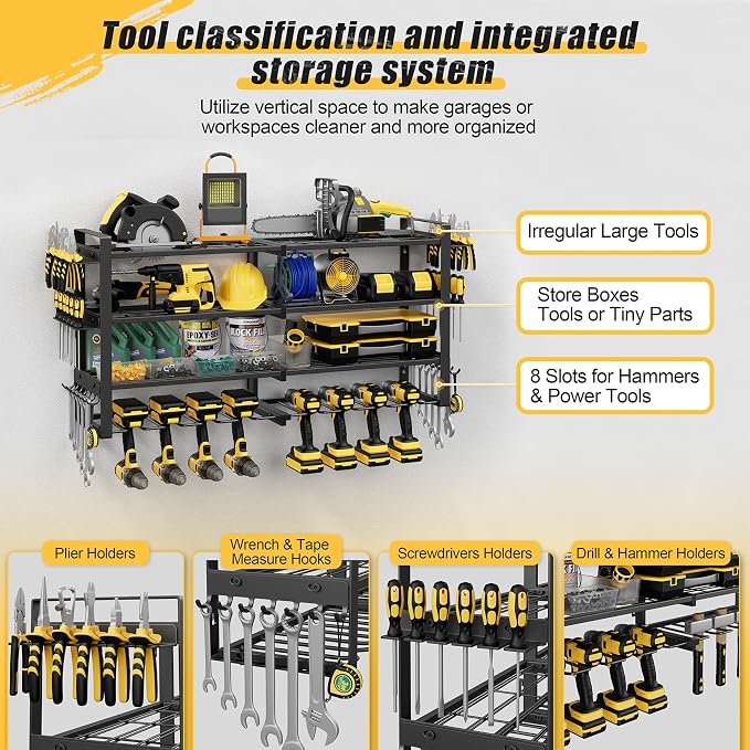 Jusgym Power Tool Organizer Wall Mount |450lbs Garage Tool Storage Rack with 8 Cordless Drill Holder |4-Tier 32''W Heavy Duty Garage Organization |Gifts for Men