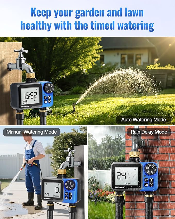 Brass Water Timer for Garden Hose, 2 Zone Sprinkler Timer, Automatic Irrigation System/Rain Delay/Manual Watering, Programmable Watering for Lawn, Yard, Drip Irrigation C92WT06