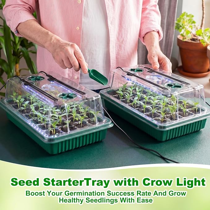 8 Pack Starter Tray with Light, 320 Cells Sprouting Kit Seedling Tray with Humidity Domes, Remote, Timer, Adjustable Light & Gloves, Starter for Indoor Greenhouse
