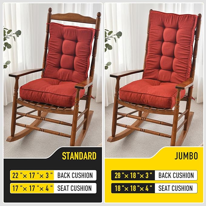 SUNROX Memory Foam Non Slip Rocking Chair Cushion, FadeShield Water Resistant Thicken Durable Tufted Pads, Set of Seat & Back Cushion with Ties for Indoor/Outdoor Rocker, 2 Piece, Burgundy