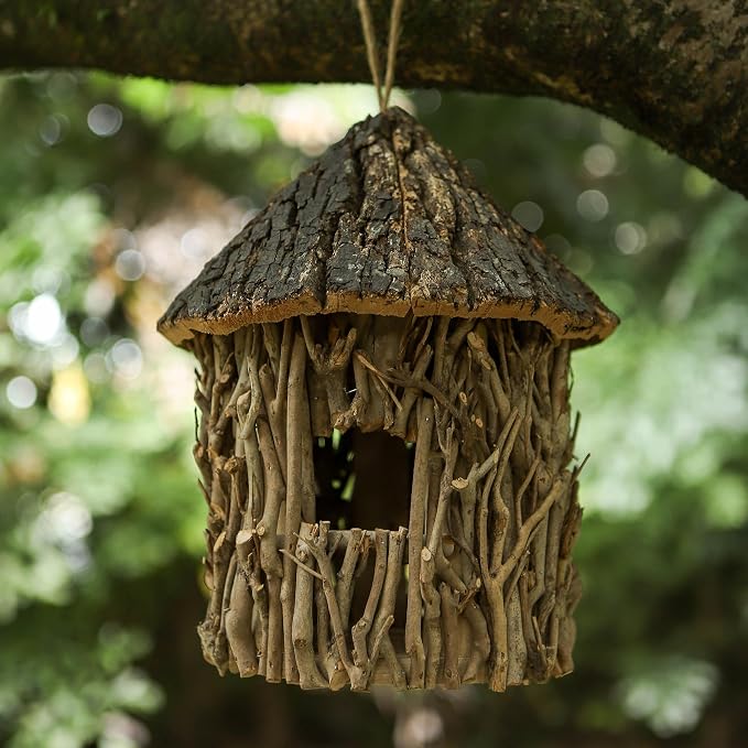 Twig-Covered Cylinder Birdhouse Squirrel House, 2.4" Entry for Medium Birds, Natural Branch Exterior & Waterproof Interior, Woodland Garden Backyard Decor