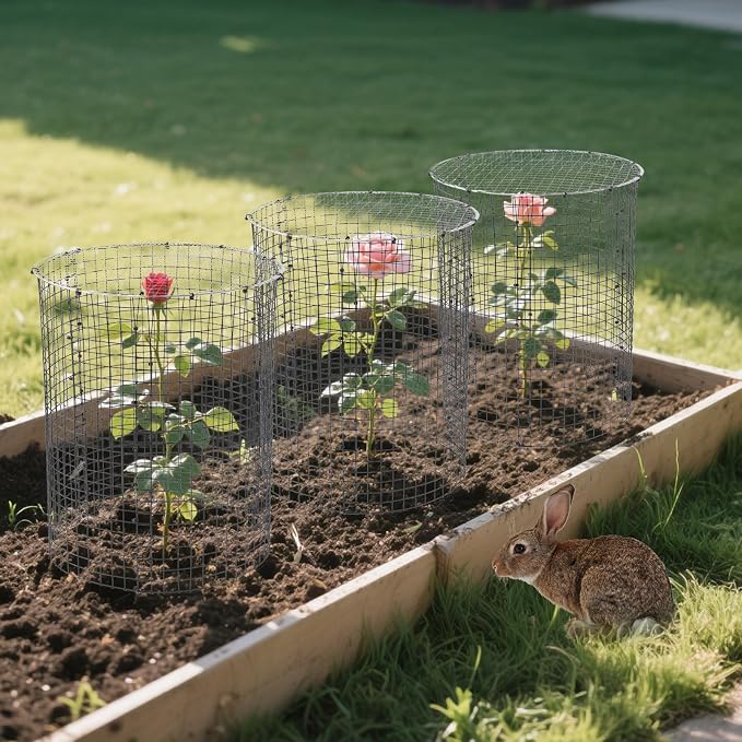 6 Sets of 18'' x 12'' Garden Plant Protectors from Animals with Detachable Covers Metal Plant Cage Chicken Wire Cloche with Ground Stakes and Nylon Tie Wire Plant Cage to Keeping Bunny Animals Out