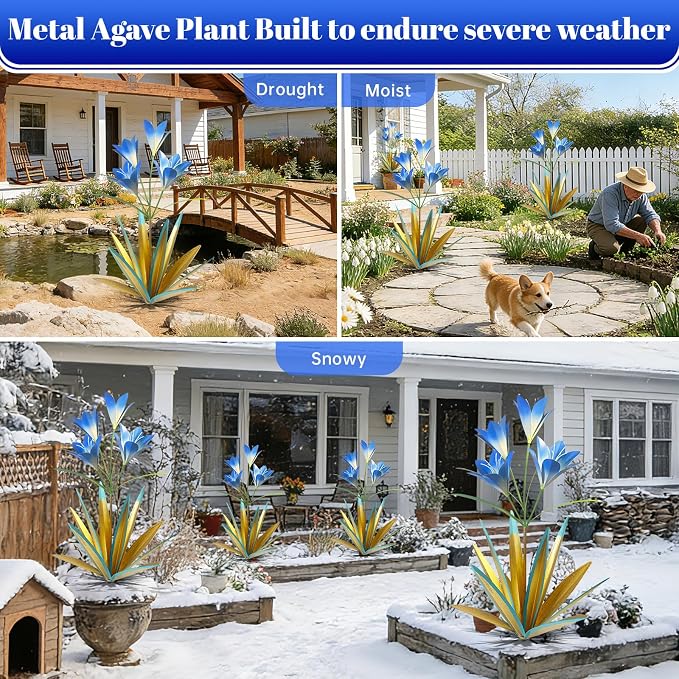 TOMBABY 32.28 Inch Metal Agave Plant Outdoor Decoration Lily Mexican Yard Art Garden Gift Home Decor Hand Painted Metal Agave Garden Yard Statue (2pc, Blue)
