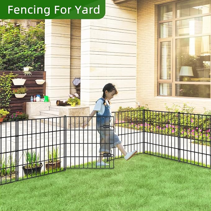 FOREHOGAR Metal Garden Fence 28in (H) x 23.3ft (L), 1 Gate + 9 Panels Dog Fence Border Fences Animal Barrier, No Dig Garden Fencing for Yard Flower Bed Lawn Patio Outdoor, PIN282810G Black