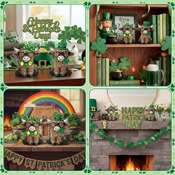 Simgoing 2 Pack St Patrick's Day Highland Cow Figurines Irish Shamrocks Gnomes Resin Leprechaun Green Highland Cow Statue Scottish Calf Lovers Gifts Table Decor for Home Office Garden Kitchen