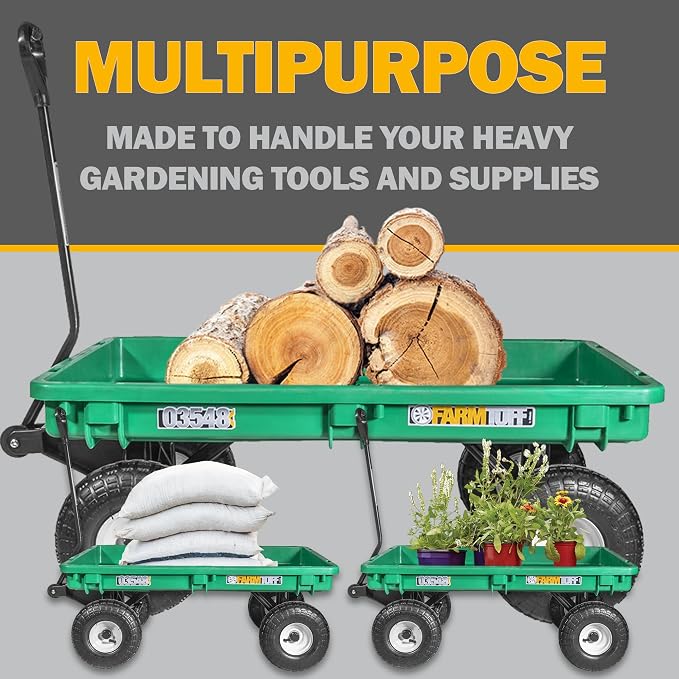 FARM-TUFF Durable Plastic Deck Green Garden Wagon, 38" x 20" - Heavy-Duty Poly Utility Cart with Pneumatic Tires, 300lb Capacity & D-Handle Steering for Gardening, Yard Work & Landscaping