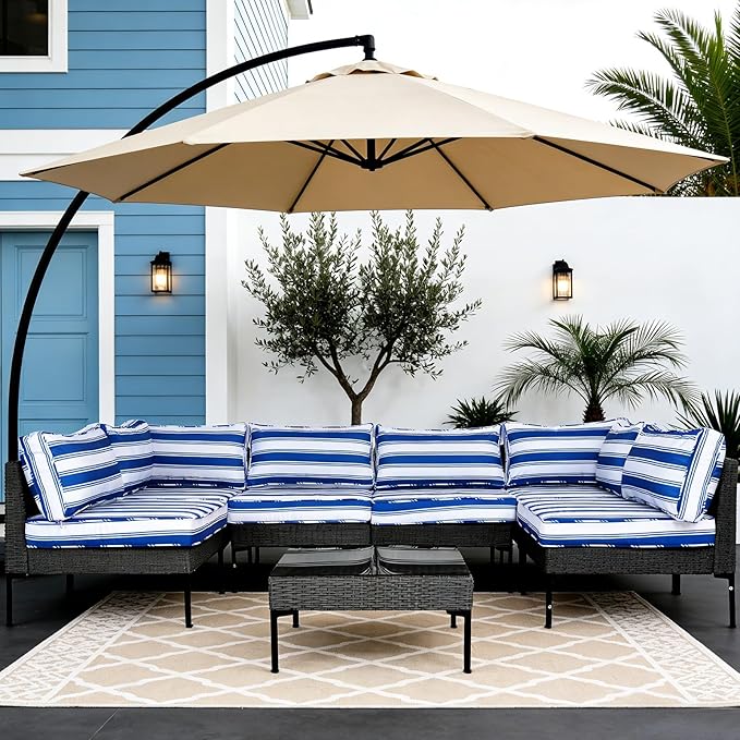 14Pcs Outdoor Cushion Covers Replacement Washable Waterproof UV w/Zipper for 6-Seaters Sofa Patio Slipcovers Set Seat and Back Covers Only (Deepblue Stripe, 23.6x23.6inch)