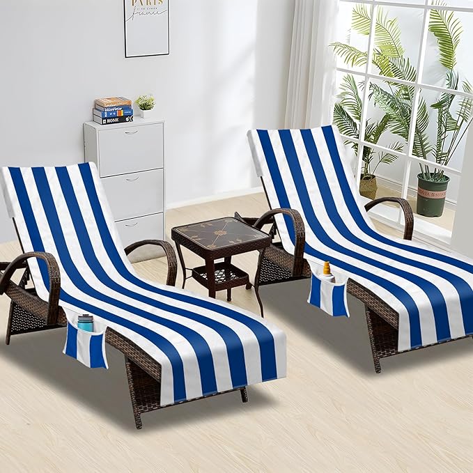 Lounge Chair Towel Cover, Beach Chair Cover (Pack of 2), Pool Lounge Chair Covers for Outdoor,Garden, Beach,Sun Lounger,Hotel Pool, 85" X 30"Large Size and No Sliding, Royal Blue Stripe