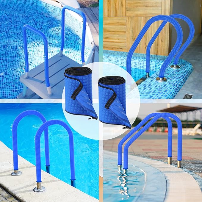 2 Pack Neoprene Pool Handrail Covers, 8 Foot Swimming Pool Hand Railing Covers with Enhanced Zipper Slip Resistant Anti-Scald Safety Rail Grip Handles Sleeve for Inground Swimming Pool Ladder Handles