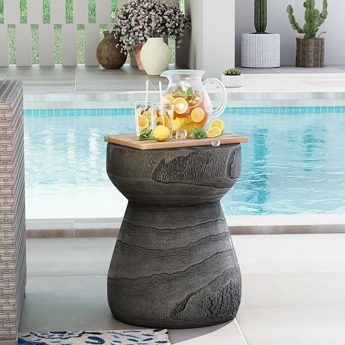 COSIEST Outdoor Side Table with Chessboard, 14'' Round Concrete Lightweight Faux Wooden Multi-Use End Table Garden Stool Log Style Plant Stand for Deck, Patio, Grey