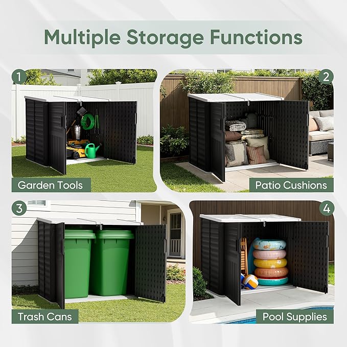 Devoko Resin Outdoor Storage Shed, 34 Cu Ft Outdoor Storage Cabinet Without Shelf, Waterproof, Double Locks, Resin Storage for Trash Can, Garden Tools, Pool Supplies (Black)