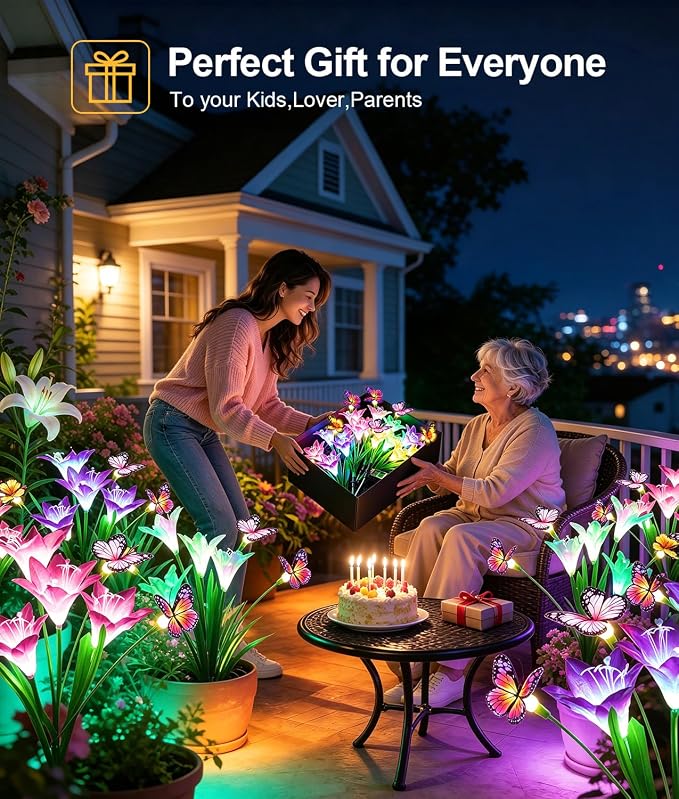 KOOPER Solar Lights Outdoor Garden Decor 8 Pack, 32 Lily Flowers and 24 Swaying Butterflies, IP65 Waterproof 7 Color Changing Solar Flower Lights for Yard Patio Pathway, Gifts for Mom Women Grandma