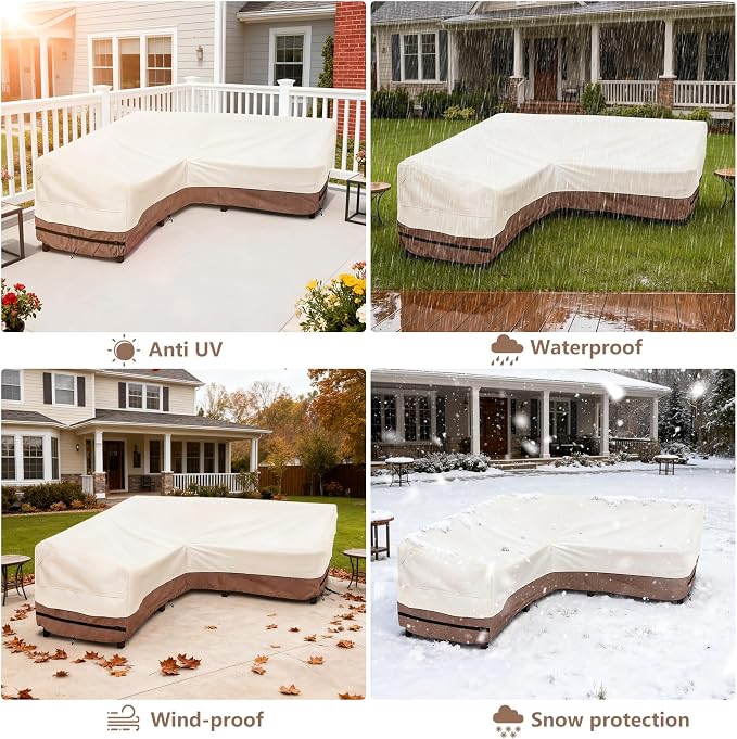 okcool Outdoor Sectional Cover,V Shaped Patio Furniture Covers for 5-Seater Outdoor Sectional Furniture Couch 85"(85''L) x 33.5''D x 31''H, Beige & Brown