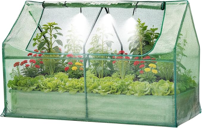 Garvee 72"x36"x12" Raised Garden Bed Kit with Pitched Roof Greenhouse Cover & Irrigation, 3-in-1 Metal Planter Box with Self-Watering System & Insect Mesh, Outdoor Raised Bed for Vegetables Flowers