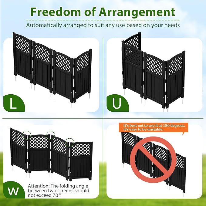 Devoko Outdoor Privacy Fence, 4 Fence Panels Privacy Screen Panels for Outside and Yard, Resin Air Conditioner Lattice Fence for Trash Can (Black)