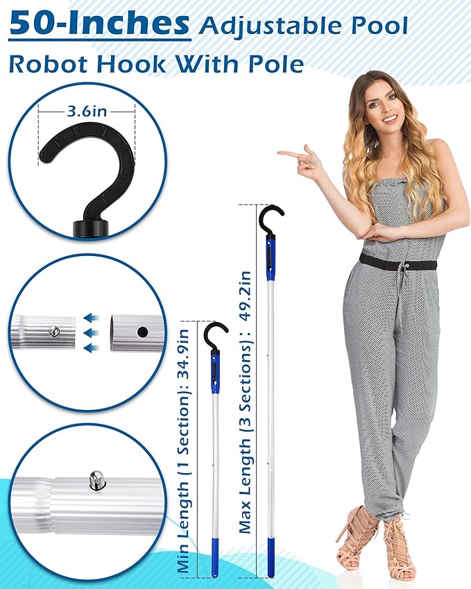 Pool Robot Retrieval Hook - 49.21 Inch Adjustable Stainless Aluminum Pole, Heavy-Duty Detachable Hook for Pool Robot Vacuum Robotic Pool Cleaner Including Cordless/Above Ground/Underwater Cleaners