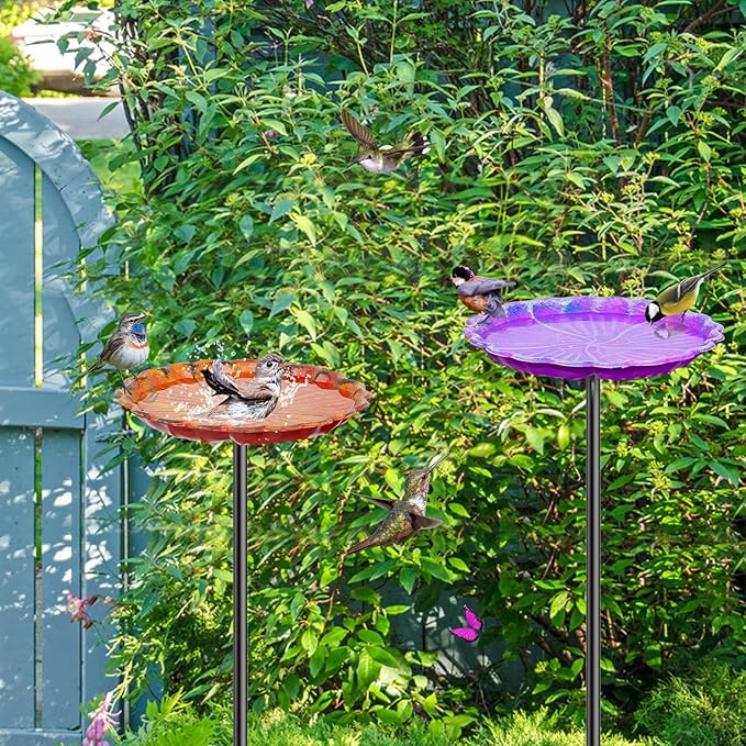 2PCS Hummingbird Bird Bath for Outside, Freestanding Metal Flower BirdBaths Bowl with Stake, Detachable Birdfeeder for Outdoor Yard Lawn Garden Decor (2PCS-Purple-Orange)
