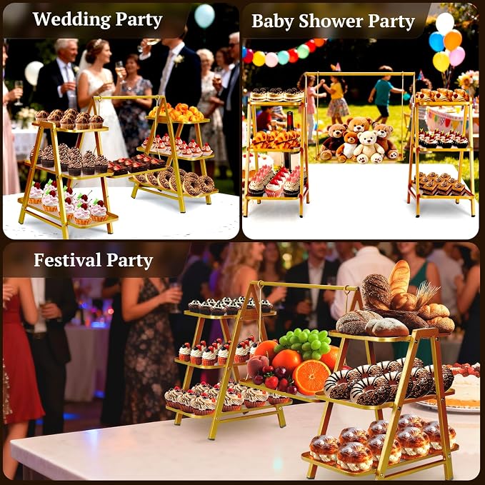 Metal 3 Tier Cupcake Stands, Large Capacity Serving Removable Tray Dessert Stands with Swing Design and Anti-slip Base, Food Display for Parties and Events, Wedding, 32.28*15.55*20.47Inch (Gold)