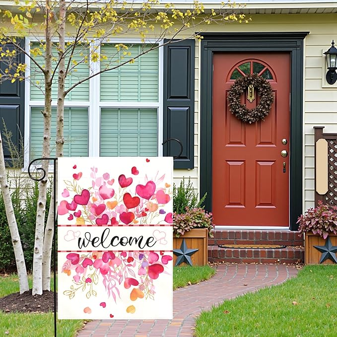 Valentines Day Garden Flag Welcome Heart Design Double Sided Yard Banner Romantic Red Pink Love Hearts House Flag for Porch Patio Lawn Farmhouse Wedding Anniversary Party Decor 12x18 Inch