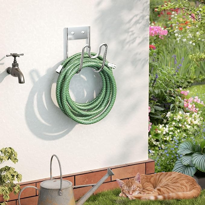Stainless Steel Garden Hose Holder - Silver SS304 Water Hose Holder - Wall Mounted Hose Hanger Heavy Duty for Water Hose Extension Cords Vacuum Hose, Anti-Rust (2 Pack)