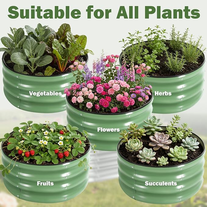 3 PCS Round Raised Garden Bed 2x2x1 ft, Metal Outdoor Planter Box Kit with Safety Rubber Edge, Easy Assemble Bottomless Small Planting Container for Vegetable, Flower, Fruit, Green