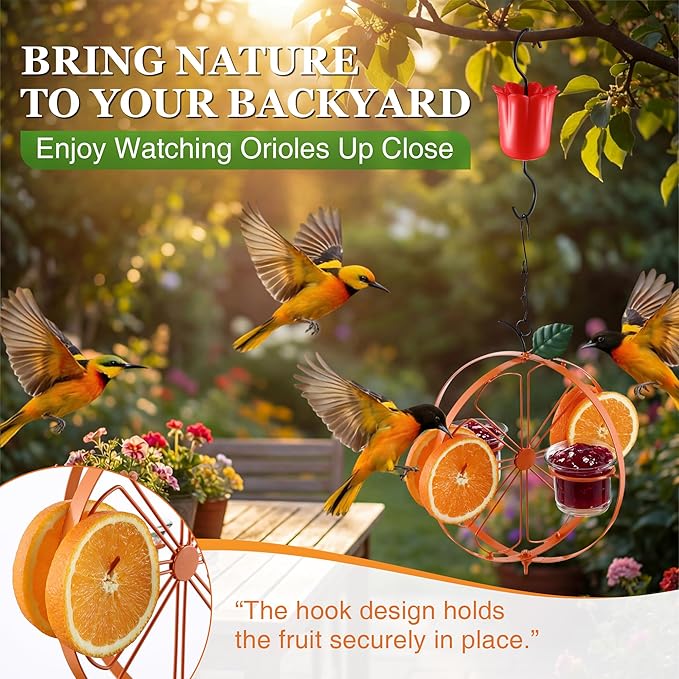 Oriole Feeder with Jelly Cups and Orange Holders, Oriole Bird Feeder for Outdoors Hanging, Foldable Orange-Shaped Jelly Feeders with Glass Bowls for Grape Fruit(2 Pack)