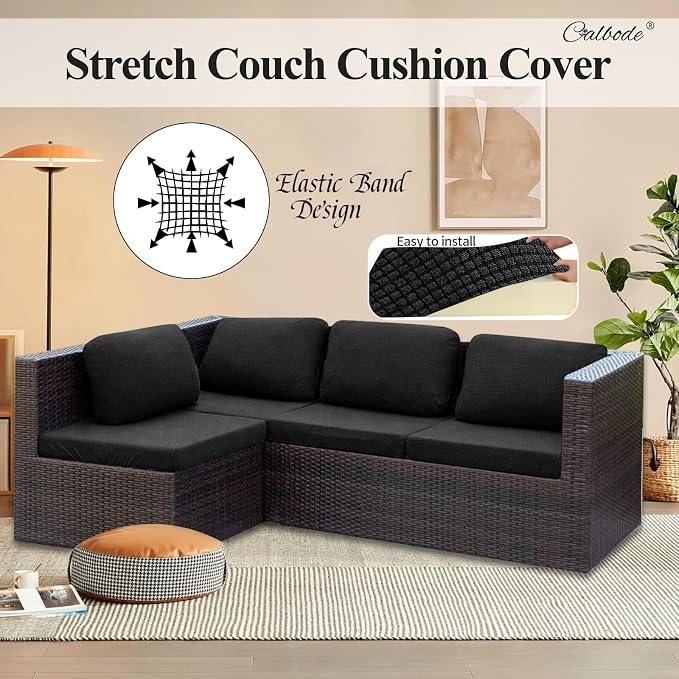 CALBODE 8Pcs Outdoor Stretch Cushion Covers,Waterproof Outdoor Chair Cushion Covers for Patio Furniture, Washable Jacquard Couch Covers Replacement for Patio Furniture(Black, Cover Only)