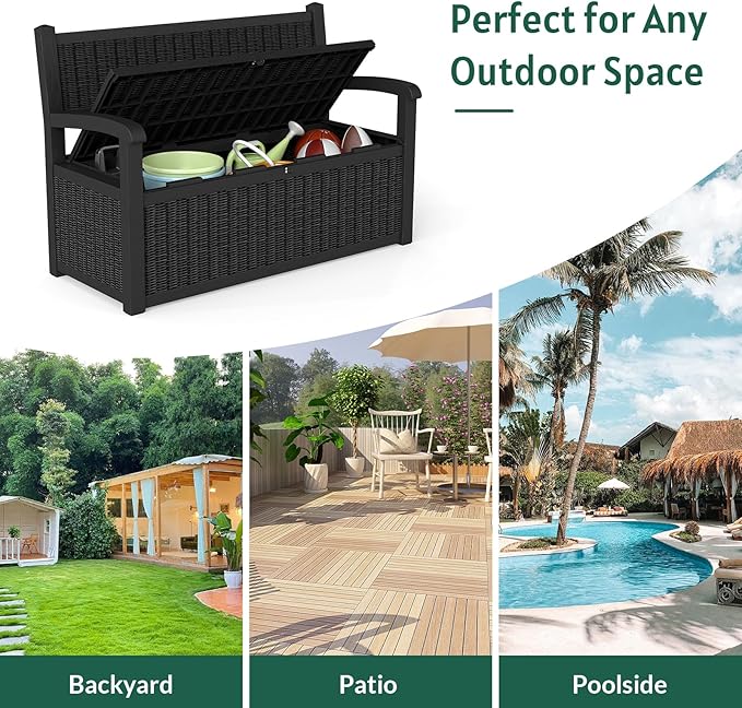 Skepphlay 70 Gallon Storage Bench Outdoor, Deck Box Bench with Armrest, Lockable Outside Benches with Storage, Deck Boxes Waterproof for Pool Patio Garden (Black)