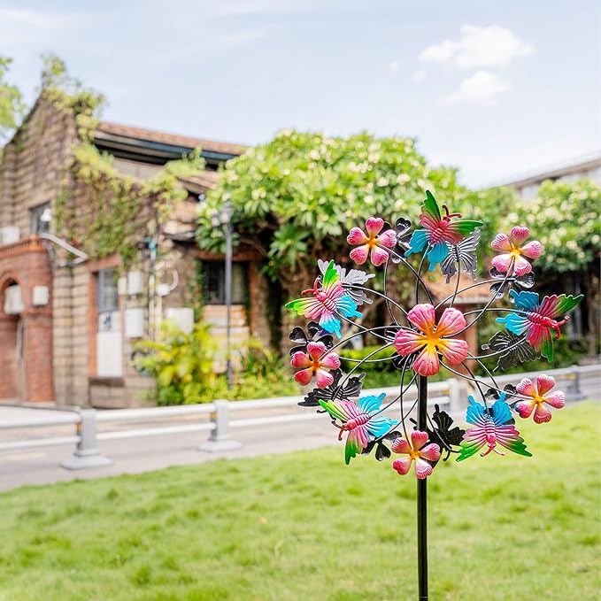 360° Butterfly Wind Spinners Outdoor Metal, Double-Layered Kinetic Wind Spinner with Stake, 38"×11.5", Wind Spinners for Yard and Garden (Butterfly)