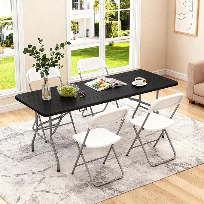 BestOffice 6 FT Picnic Table, Portable Plastic Folding Table with Carrying Handle Perfect for Picnics, Parties, Party and Camping, Black Wood Grain